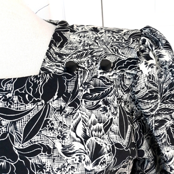 Vintage Breli Originals Floral Long-Sleeve Dress Square Neck Black & White 8 - Picture 3 of 15